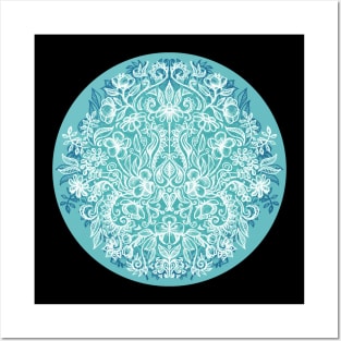 Spring Arrangement - teal & white floral doodle Posters and Art